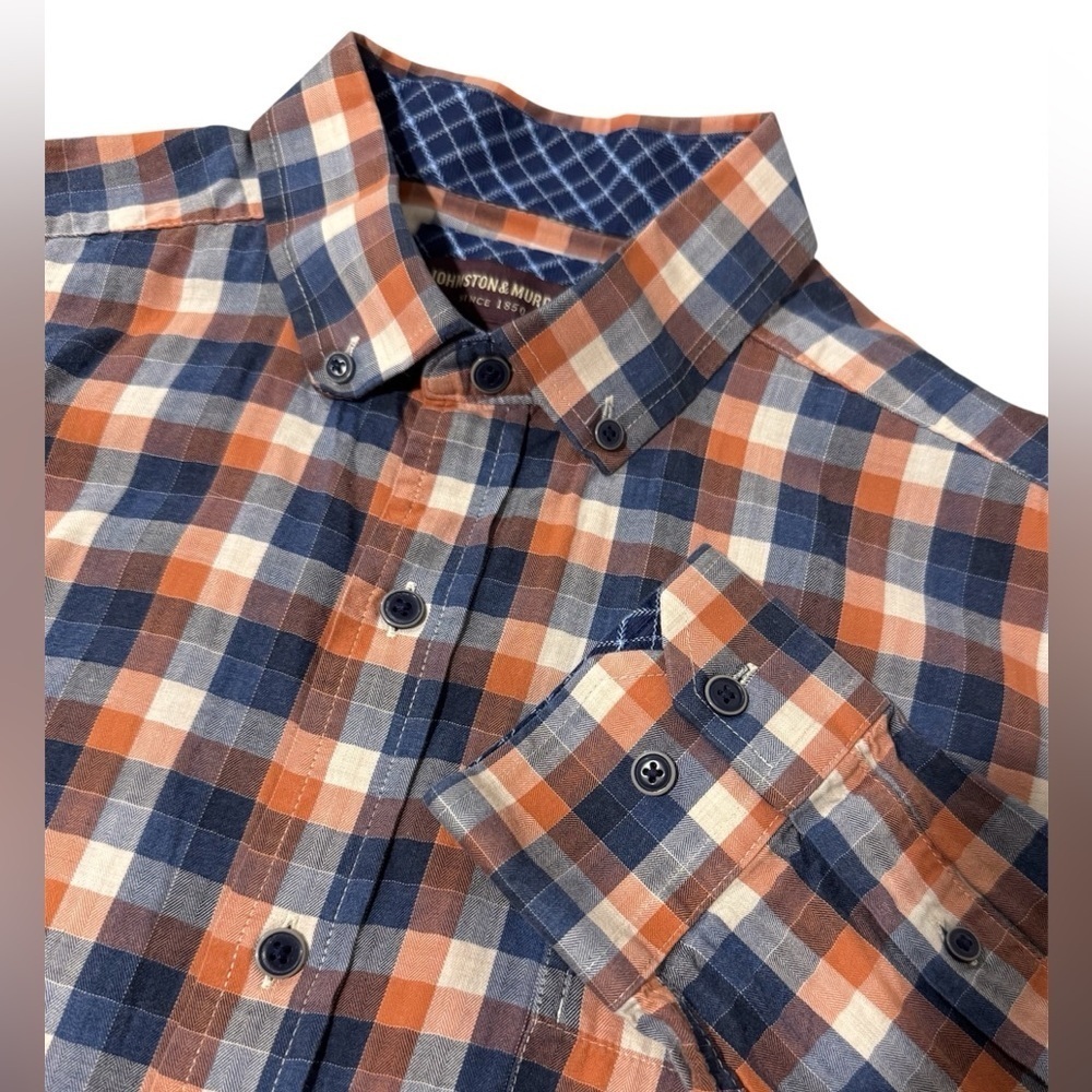 Johnston & Murphy Long Sleeve 100% Cotton Shirt Navy Blue Orange Size Large